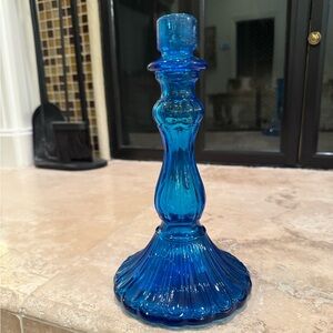 Vintage Blue Glass Candle Holders approx 9.5”
